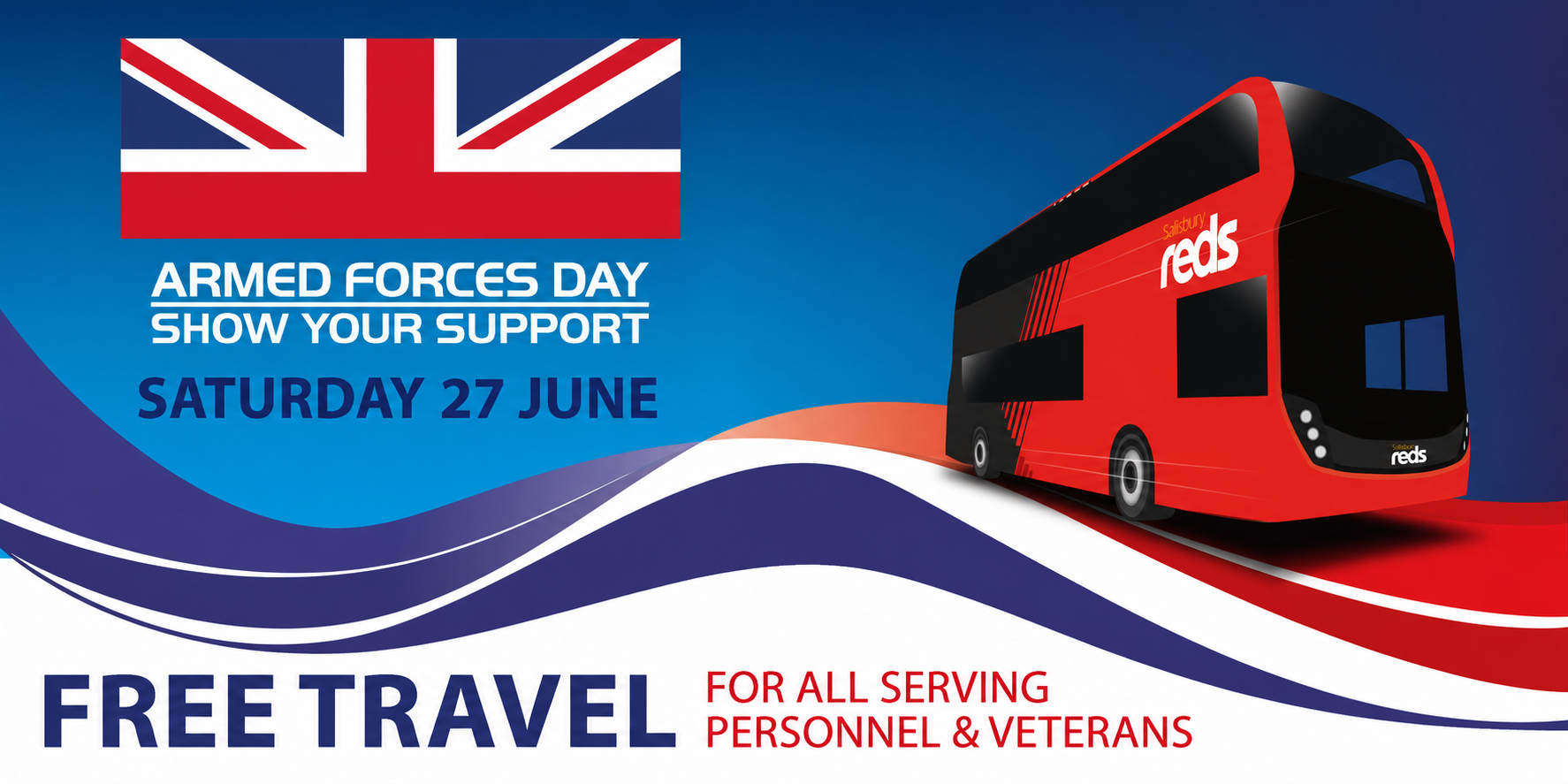 Pic of SR bus. Text Armed Forces Day show your support.  Saturday 27th June.  Free travel for all serving personnel and veterans.