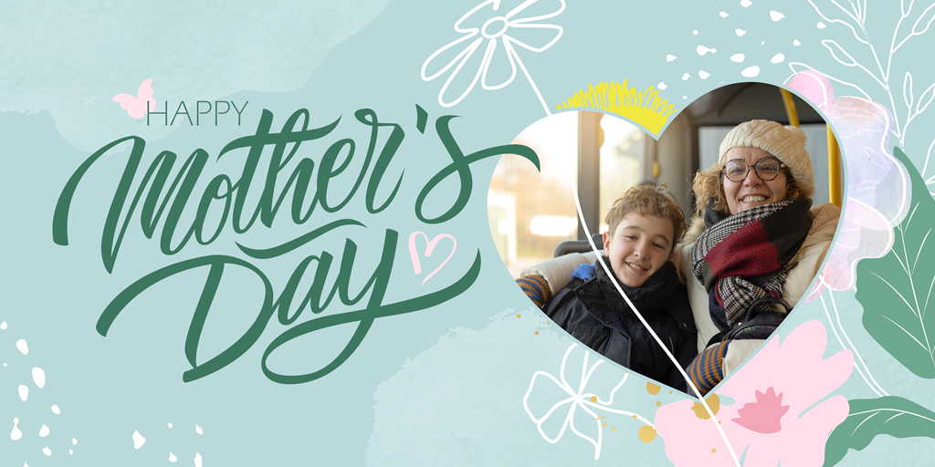 Mother and son on a bus with Happy Mother's Day text