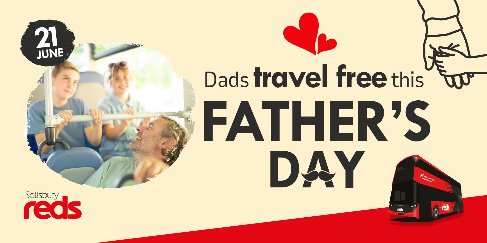 Image of dad and children on bus with text dads travel free this Father's Day 21 June