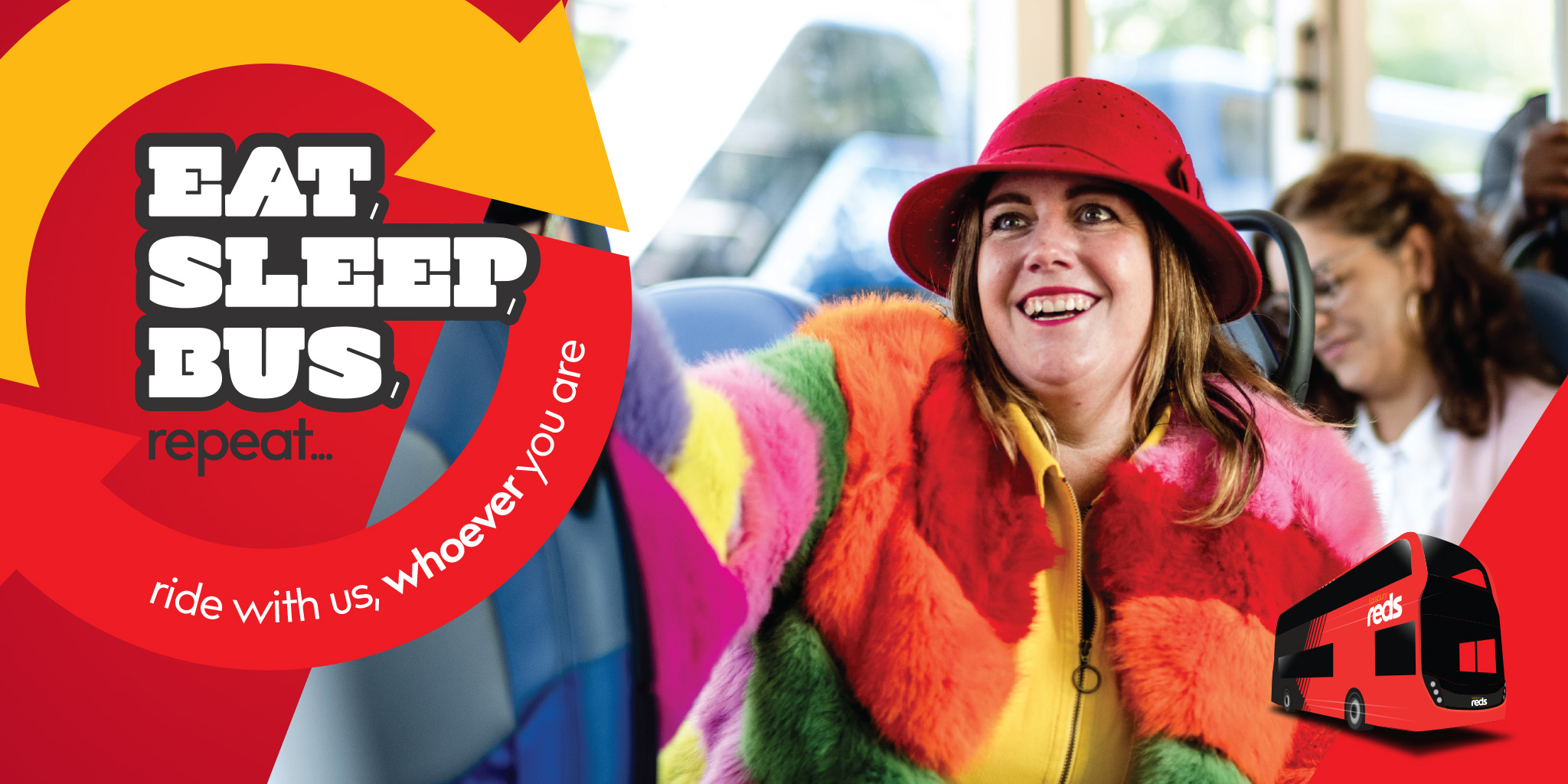 Eat, Sleep, Bus, repeat text with a fashionable lady image taking a selfie on a bus