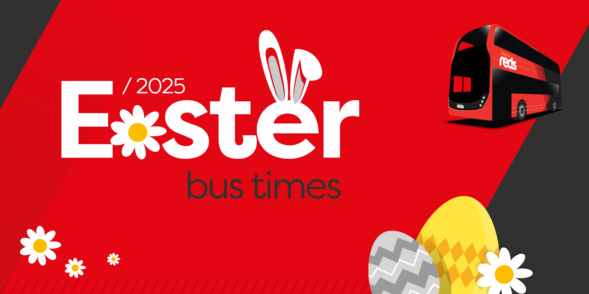 Image of a Salisbury Reds bus with Easter eggs and the Easter Bunny