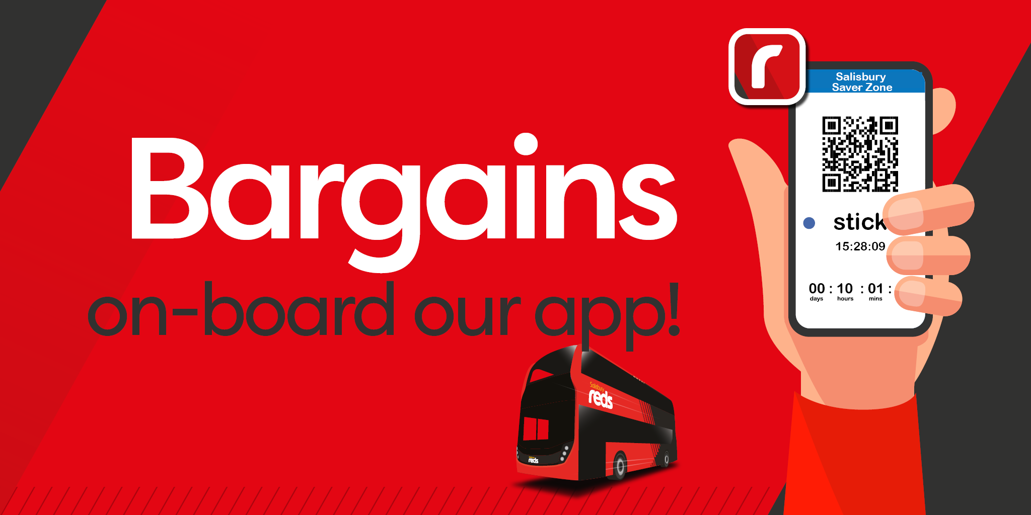 Bargains on-board our app! Image of a hand holding up a phone showing an app ticket