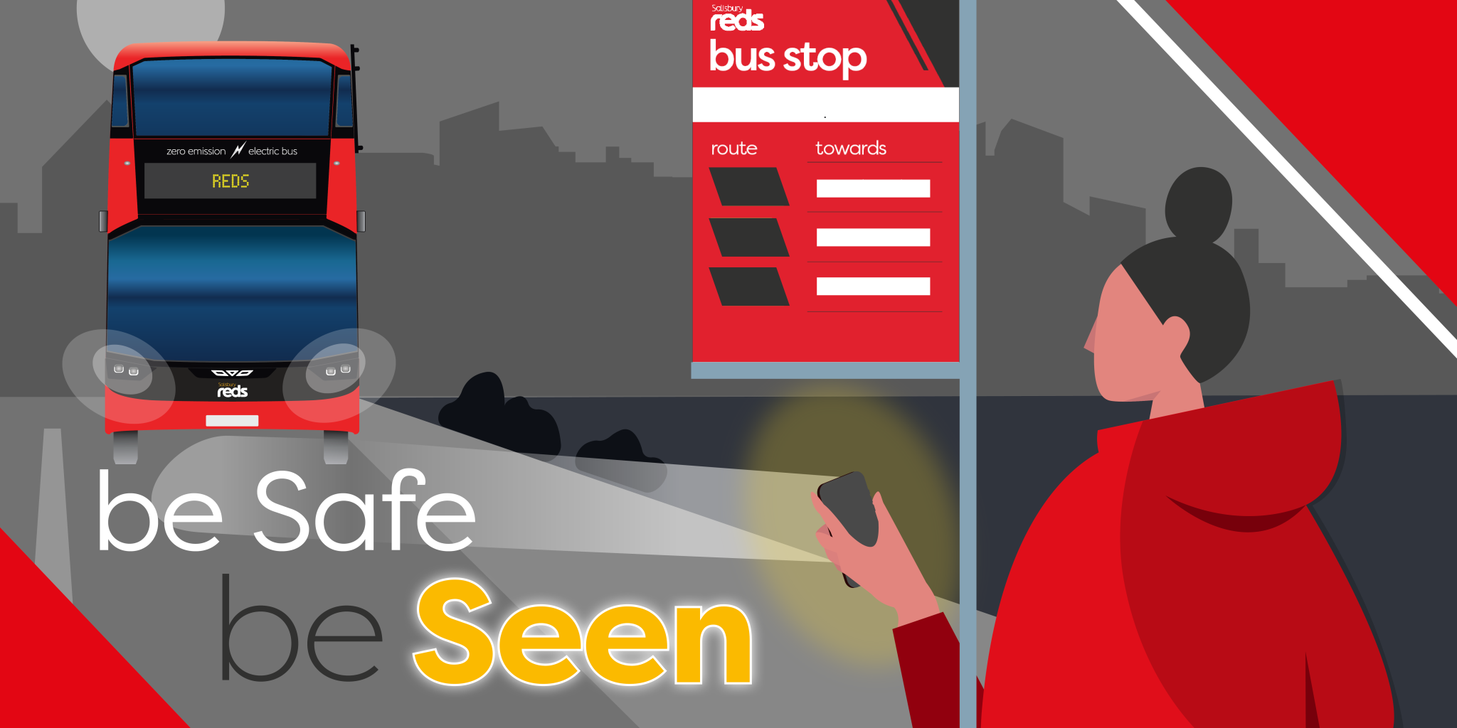 be safe be seen person in the dark with a torch at the bus stop