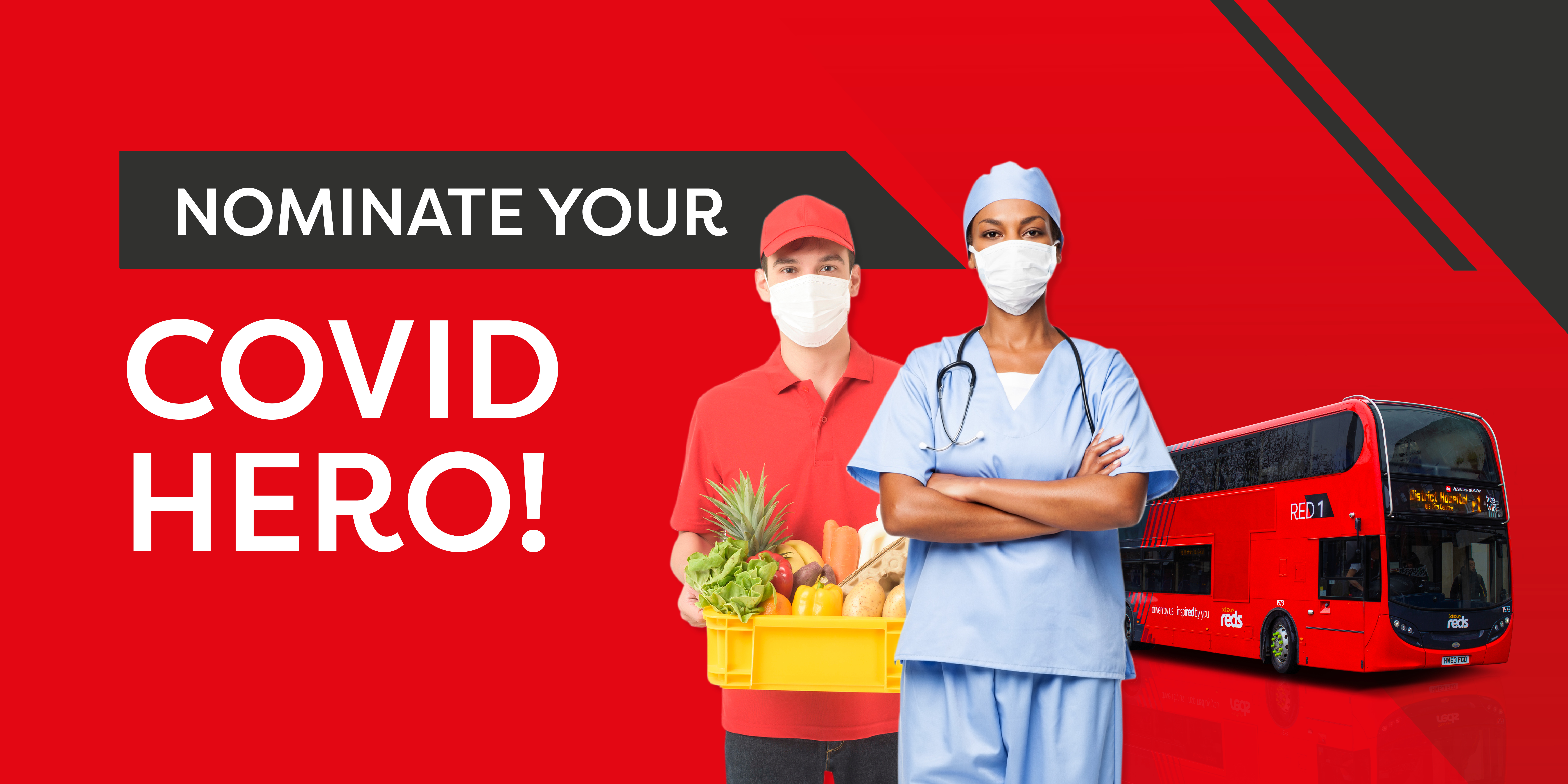 Image of a Salisbury Reds bus with a nurse and food delivery personnel with text reading, 'nominate your covid hero!'